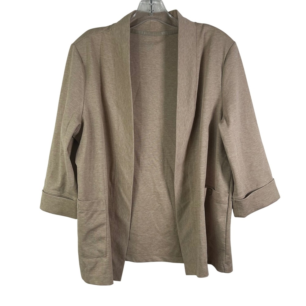 Allison Daley Petite Tan Heather Open Front Cardigan Pockets Shoulder Pads PL